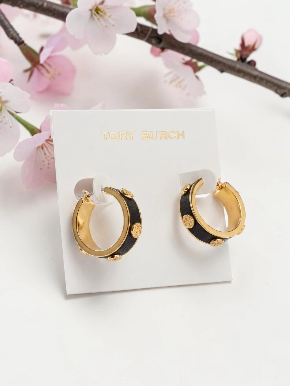Tory Burch Gold & Black Logo Accent Hoop Earrings